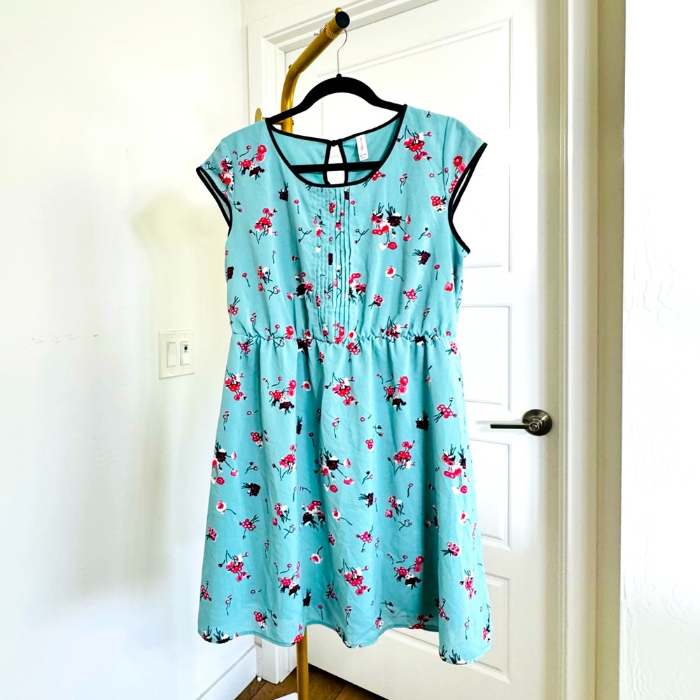 New Floral Coquette Mini Blue Dress Black Trim XL Cottagecore Fairy Grunge